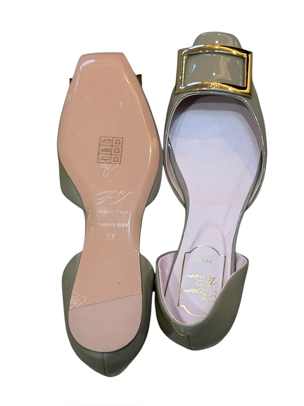 Roger Vivier Nude Patent D'Orsay Flats with Gold Buckle 37